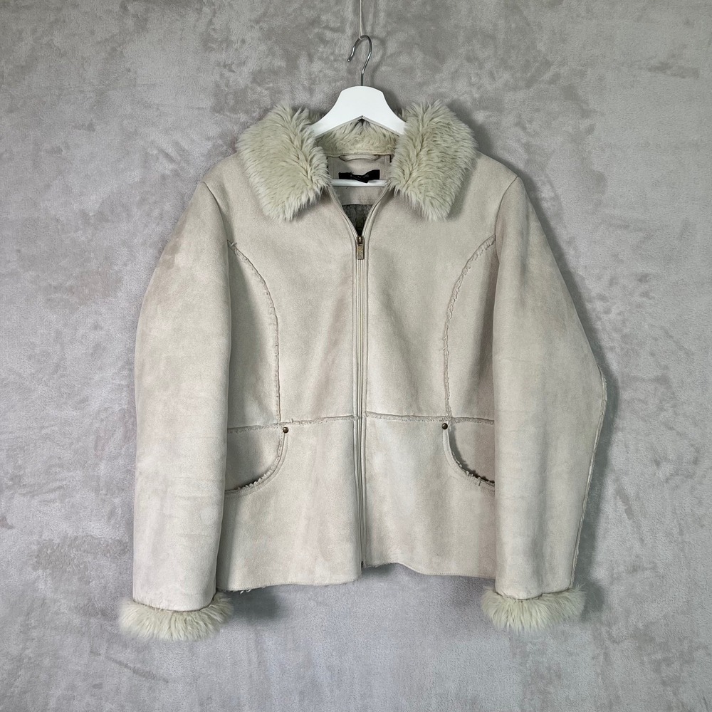 Faux Suede Sherpa Lined‎ Jacket Womens Large Full Zip Coat Tan Boho Y2K Style